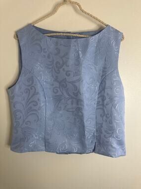 Vintage 90s Formal Baby Blue Floral Jacquard Crop Top – Made in USA – Size S/M